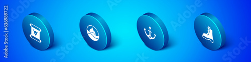Set Isometric Decree, parchment, scroll, Anchor, Ancient viking boots and Sea and waves icon. Vector