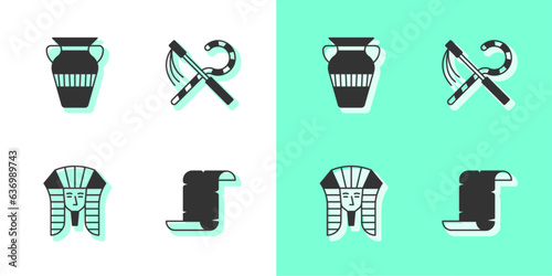 Set Papyrus scroll, Egyptian vase, pharaoh and Crook and flail icon. Vector