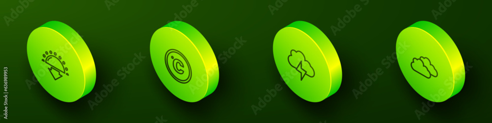 Set Isometric line Sunset, Celsius, Storm and Cloud icon. Vector Set Isometric line Sunset, Celsius, Storm and Cloud icon. Vector