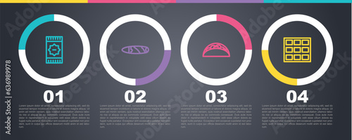 Set line Mexican carpet, Cigar, Taco with tortilla and Chocolate bar. Business infographic template. Vector