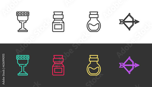 Set line Medieval goblet, Poison in bottle, and bow and arrow on black and white. Vector