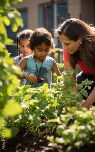 Back to school, multiethnic diversity school, teacher and children gardening together in the school garden