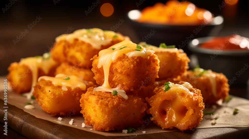 Delectable deep-fried loaded mac and cheese bites served with marinara sauce Delectable deep-fried loaded mac and cheese bites served with marinara sauce