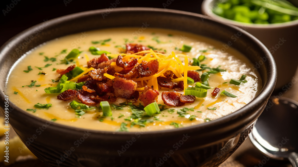 Savory and cheesy loaded potato soup topped with crispy bacon bits