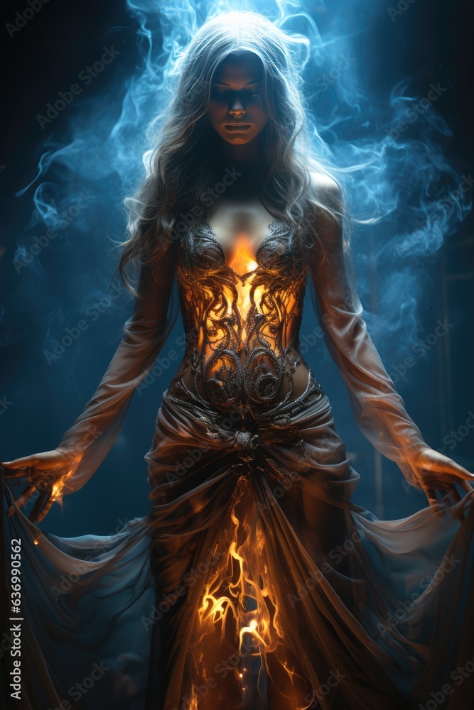 Captivating Halloween costume with spooky hand gesture, digital painting, dramatic lighting, moonlit night, artistic photograph, mysterious mood, creative photo manipulation technique