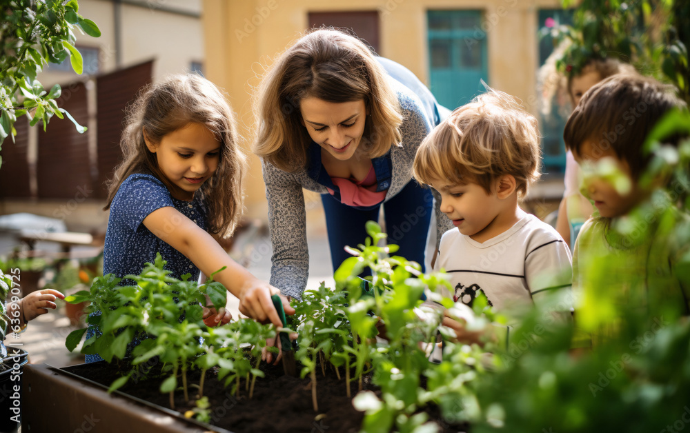 Back to school, School teacher woman with children in school garden take care of plants together Back to school, School teacher woman with children in school garden take care of plants together