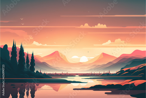 illustration of beautiful summer fields landscape with a dawn. Nature landscape. illustration background. AI generated