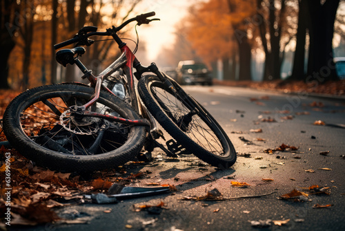 Road accident scene with destroyed bike