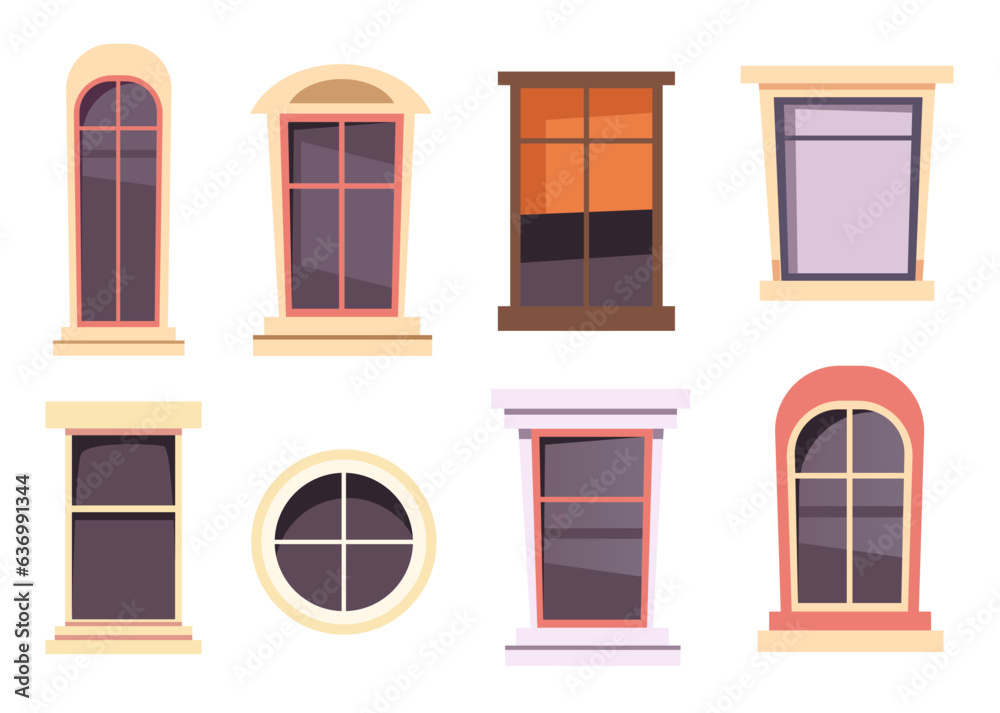 Window frame home balcony front view isolated on white background set. Vector graphic design element illustration Window frame home balcony front view isolated on white background set. Vector graphic design element illustration