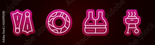 Set line Rubber flippers for swimming, ring, Life jacket and Barbecue grill. Glowing neon icon. Vector