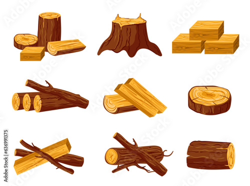 Wood forest log pile tree trunk timber lumber isolated on white background set. Vector graphic design element illustration