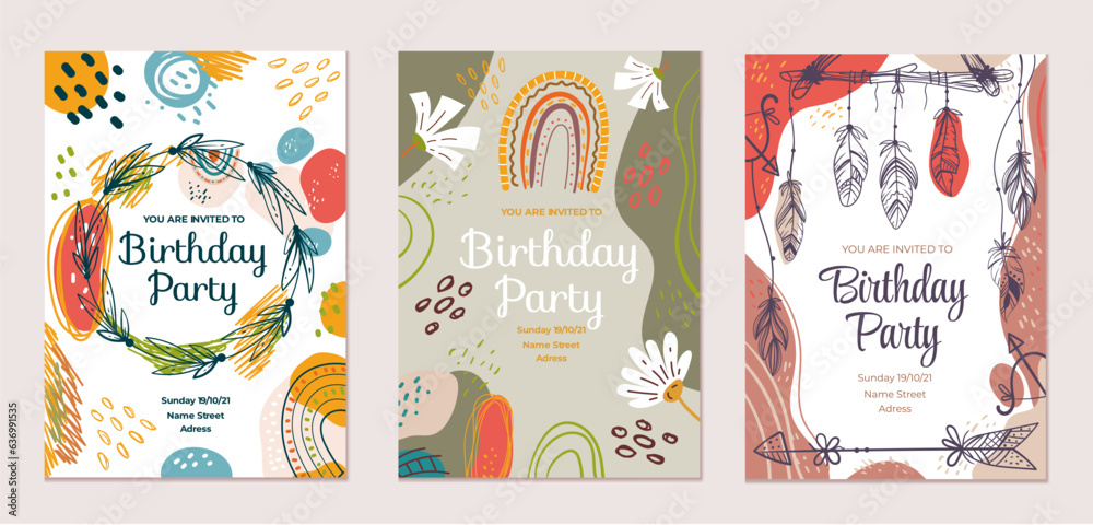 Happy birthday cake greeting confetti card set. Vector flat graphic design illustration
