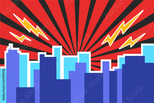 Comic superhero cityscape building super hero city concept. Vector flat graphic design illustration
