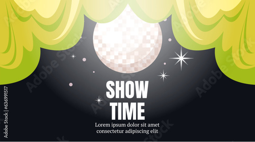 Curtain stage theater cinema movie show disko ball background concept. Vector flat graphic design illustration
