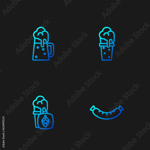 Set line Sausage, Glass of beer, Wooden mug and . Gradient color icons. Vector