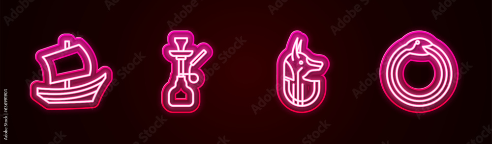 Set line Egyptian ship, Hookah, anubis and Magic symbol of Ouroboros. Glowing neon icon. Vector Set line Egyptian ship, Hookah, anubis and Magic symbol of Ouroboros. Glowing neon icon. Vector