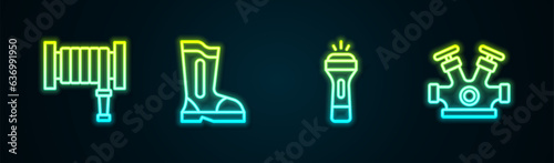 Set line Fire hose reel, boots, Flashlight and hydrant. Glowing neon icon. Vector