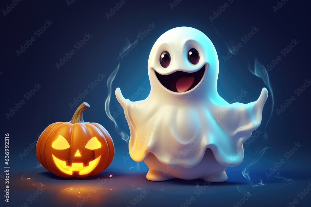 Fototapeta premium Cute spooky halloween ghost character with pumpkin. Halloween greeting card idea