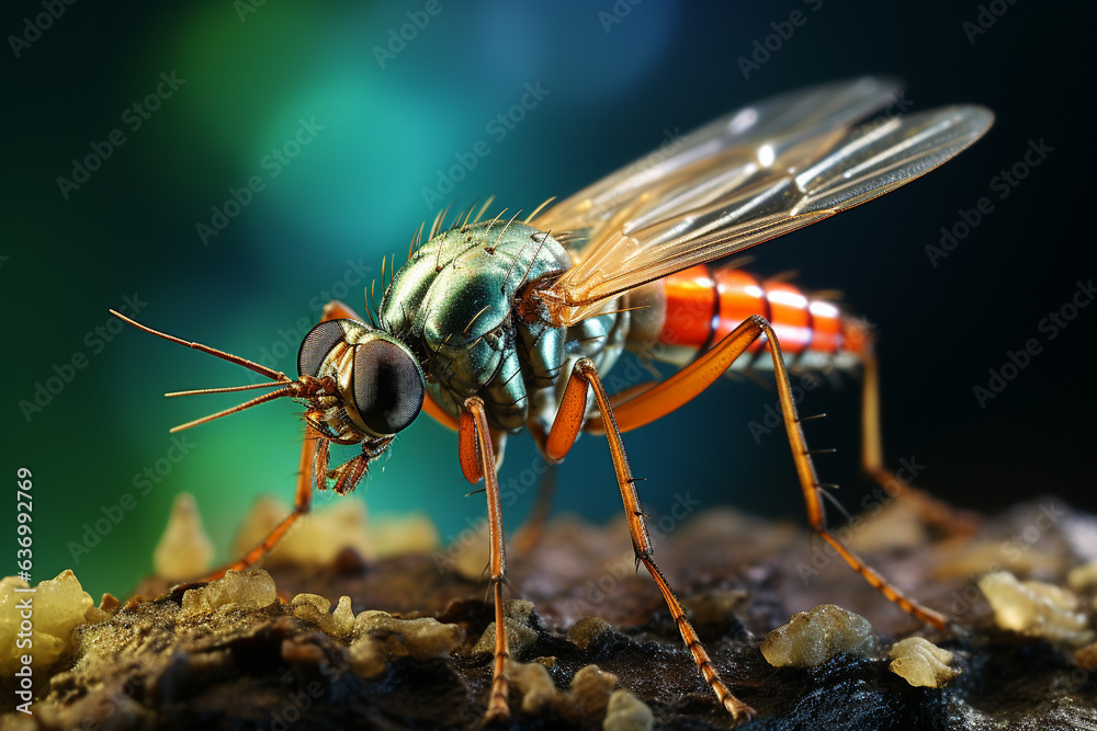 Close up of a long-legged fly. Green background. Close up of a long-legged fly. Green background.