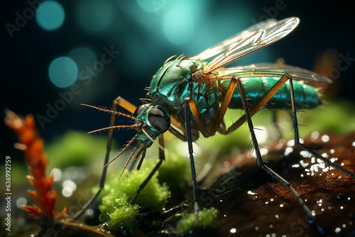 Close up of a long-legged fly. Green background. generative ai. © artpritsadee