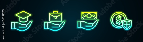 Set line Education grant, Hand holding briefcase, Money with shield and . Glowing neon icon. Vector