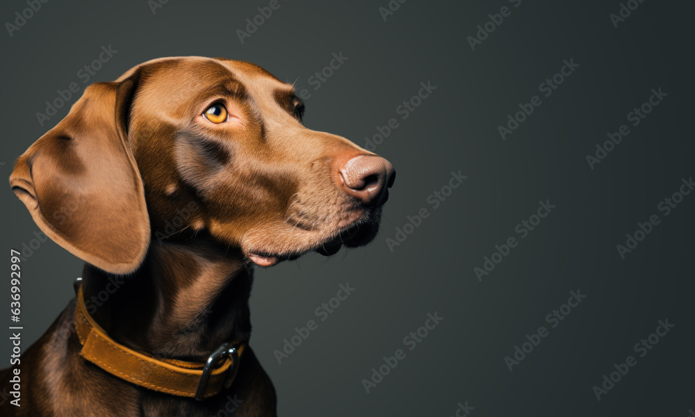 Captivating Close-up of a Brown Pointer's Profile with Large Ears Against a Grey Background. Panorama banner with copy space to the right