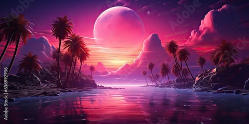 AI Generated. AI Generative. Vintage tetro syntwave retrowave vaporwave nature outdoor landscape decoration background. Graphic Art