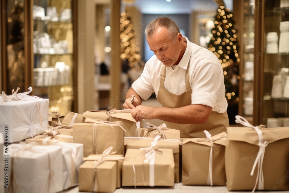 Man packing bunch of christmas gifts in decorated gift shop. Xmas spirit idea Man packing bunch of christmas gifts in decorated gift shop. Xmas spirit idea