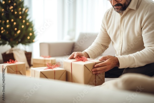 Man packing bunch of christmas gifts in decorated living room. Xmas spirit idea