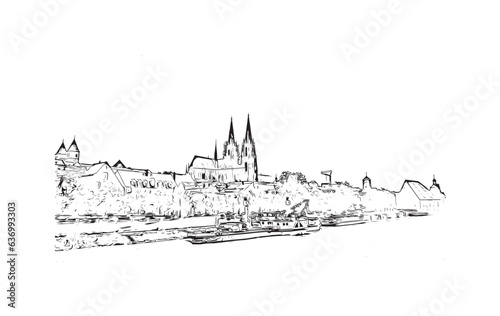 Building view with landmark of Regensburg is a city in eastern Bavaria. Hand drawn sketch illustration in vector.