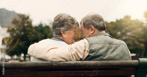 Canvastavla Forehead, touch and senior couple in a park with love, happy and conversation with romantic bonding