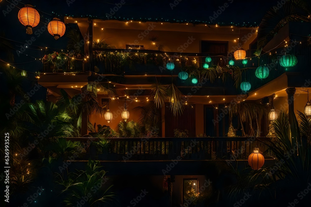 A very lush balcony with vegetation, yuccas, and small palm trees, fruit plants, a haven of peace illuminated by colorful garlands and lanterns at night - AI Generative