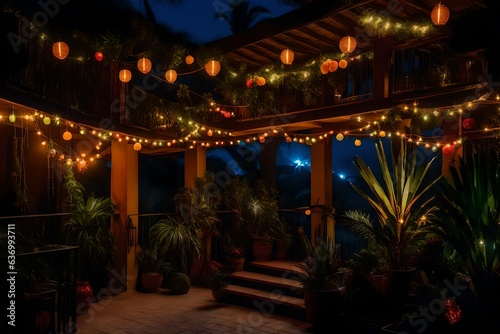 A very lush balcony with vegetation, yuccas, and small palm trees, fruit plants, a haven of peace illuminated by colorful garlands and lanterns at night - AI Generative