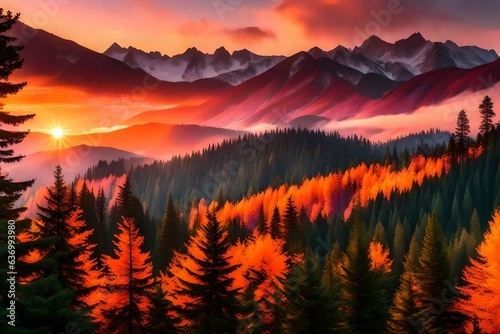 A vibrant orange and pink sunrise cascading over a majestic mountain range, surrounded by a lush forest of evergreens, realistic - AI Generative