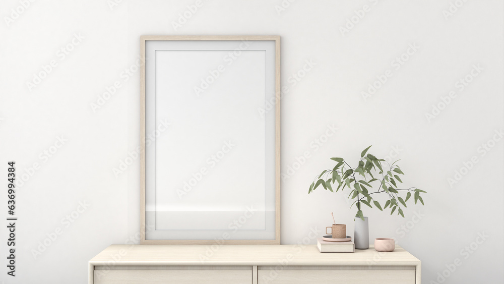 Mockup a poster picture frame in Interior living room design, modern minimalist style. An armchair, lamp, white wall. 3D render Mockup a poster picture frame in Interior living room design, modern minimalist style. An armchair, lamp, white wall. 3D render