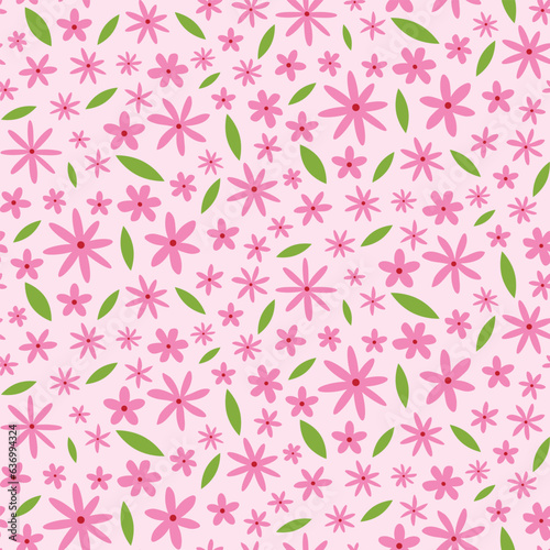 Groovy Retro Pink flowers with green leaves seamless pattern on light pink background. For fabric, textile and home decor 