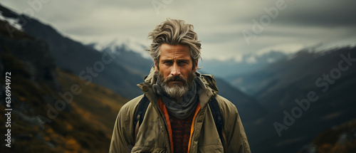 editorial shot of elder white male model in hiking gear in an alpine landscape