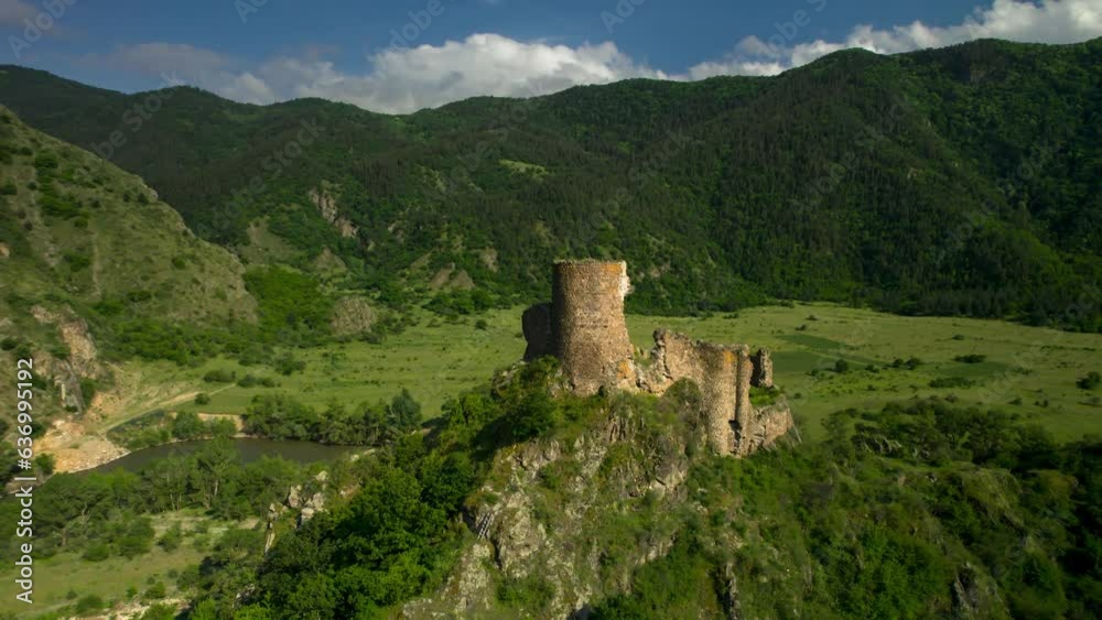 An old fortress in a mountain gorge. Drone video of architectural sights of Georgia An old fortress in a mountain gorge. Drone video of architectural sights of Georgia
