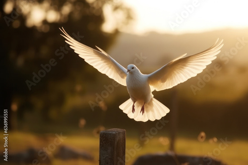 White flying dove bird on landscape background in early morning light. Created using generative Al tools.