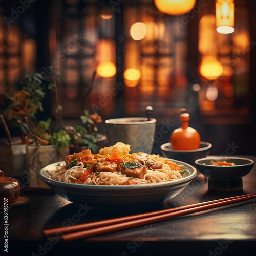 Black bowl with chinese noodles Jiangsu cuisine. 