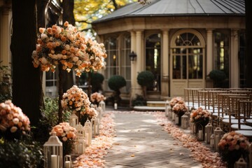 Outdoor wedding ceremony in the autumn garden decoration