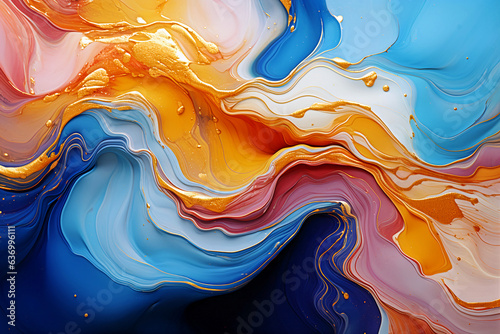 Abstract colorful background, multi-colored paints and thin golden lines. Liquid texture. Generative AI