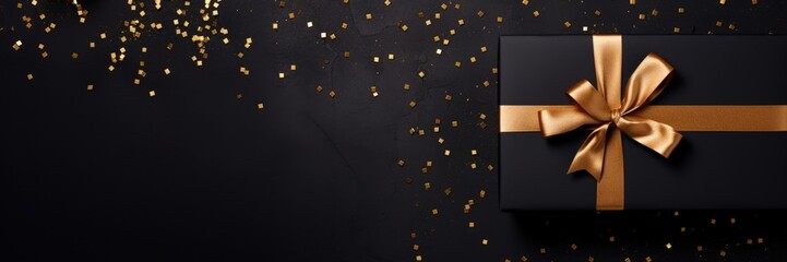 Gift box and golden ribbon on black background with glitter. Black friday sale concept. Banner