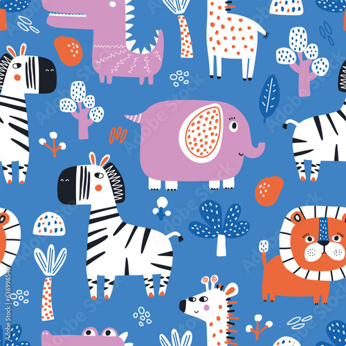 Canvas Print Vector seamless repeating color baby pattern with cute animals on white background