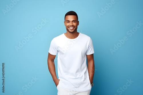 Potrait of a model in white tshirt with blue background  photo