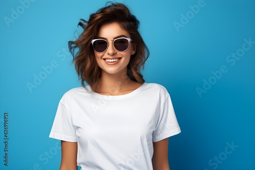 Potrait of a model in white tshirt with blue background  photo