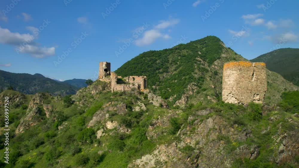 An old fortress in a mountain gorge. Drone video of architectural sights of Georgia An old fortress in a mountain gorge. Drone video of architectural sights of Georgia