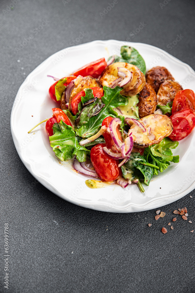 salad baked potato vegetable potato, tomato, onion, green salad leaves, salad dressing vinaigrette vegetables food healthy meal food snack on the table copy space food background rustic top view 