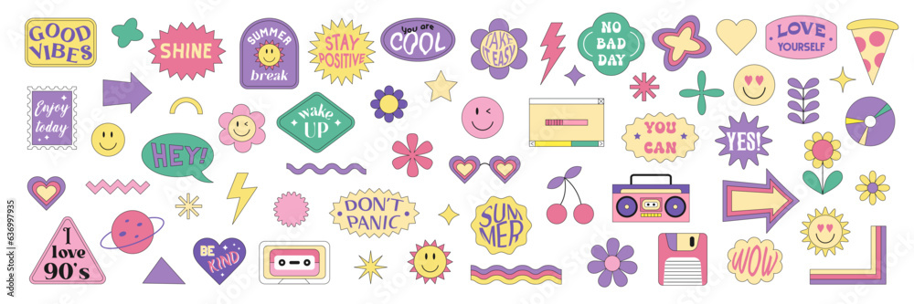 Big set of stickers with geometric shapes, quotes and retro elements. Vector colorful elements with nostalgia 1990s, 2000s concept