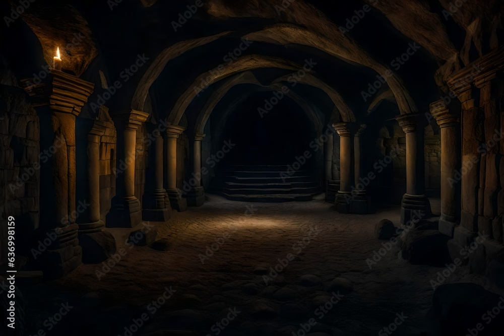 dungeon , From the Middle Ages, it is dark and underground, and it contains caves for monsters, and it is illuminated by a dim light - AI Generative